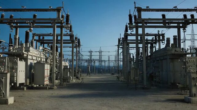 Large industrial electrical substation featuring multiple high voltage transformers, power lines, and transmission towers, distributing energy across a sprawling network