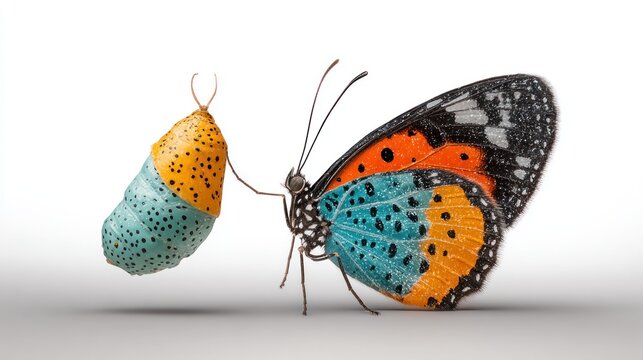 Vividly colored insect stands beside its colorful pupa case on a bright white surface.