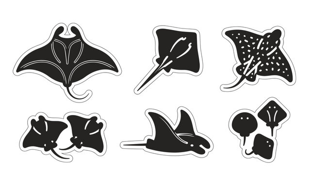 Black silhouettes of various stingrays and manta rays swimming