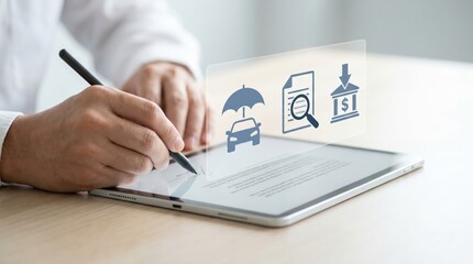 Fototapeta premium Digital Insurance Agreement Concept: Hands Signing Contract on Tablet with Floating Legal and Claim Icons