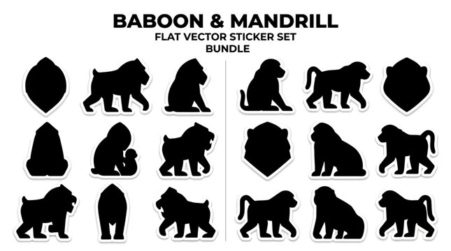 A collection of black vector stickers featuring various primate silhouettes including baboons and mandrills in different poses and shapes.