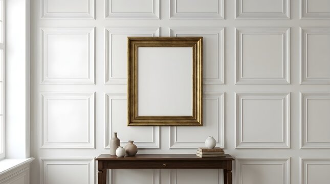 Vintage gold picture frame mockup on white wainscoting wall, elegant vertical poster frame in classic interior, antique wooden console table with decor