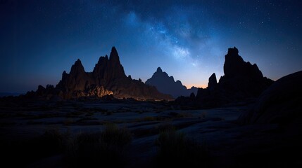 Naklejka premium Jagged rock formations rise dramatically beneath a luminous night sky filled with stars.