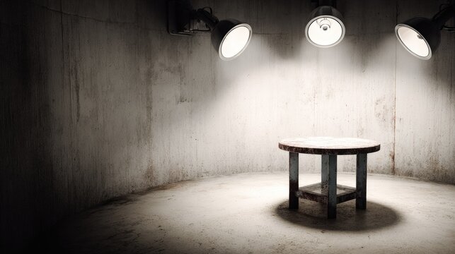 Bare concrete interrogation room features a small round table under bright spotlights