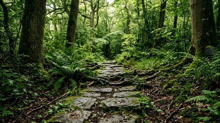 Obraz premium serene stone path through dense green forest landscape