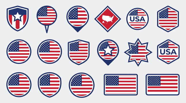 American flag icons display various geometric shapes including circles, shields, and stars with patriotic red, white, and blue designs.