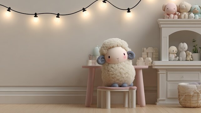 Adorable plush sheep figurine sits on a small stool beneath glowing string lights in a softly lit room
