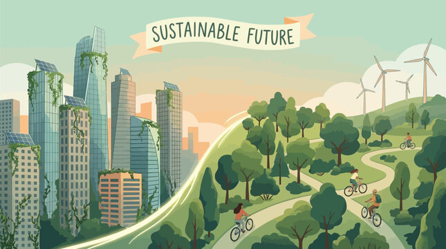 Cityscape transition displays a sustainable future with modern architecture merging into a lush green landscape.