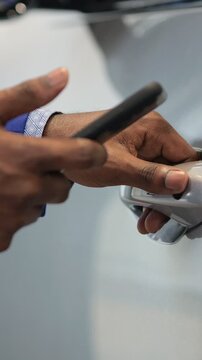 Smartphone Unlock Gesture Black Hand Tapping, Phone Used As Keyless Entry To Activate Door Handle, Remote Activation And Sensor Response, Interior Leather Glimpse And Dashboard Reveal, Dealership