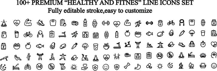 Fototapeta premium Healthy & Fitness Icons Set – Modern Wellness, Gym and Active Lifestyle Collection.Perfect for mobile apps, websites, presentations, branding, UI/UX design, infographics, and print projects. 
