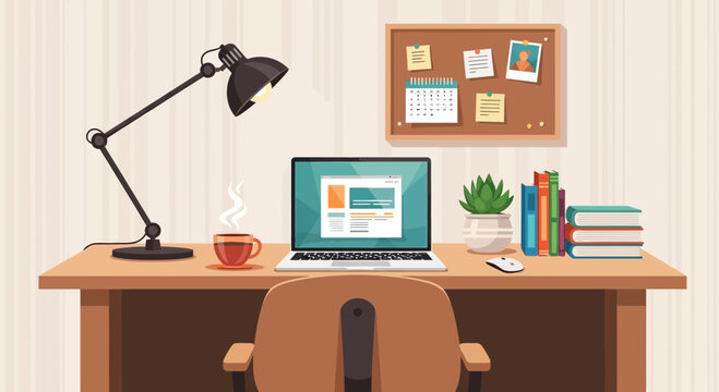 Modern Home Office Desk Setup with Laptop, Lamp, Coffee, and Calendar