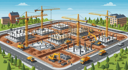 Construction Site with Cranes, Excavators, and Buildings Under Construction © mawar