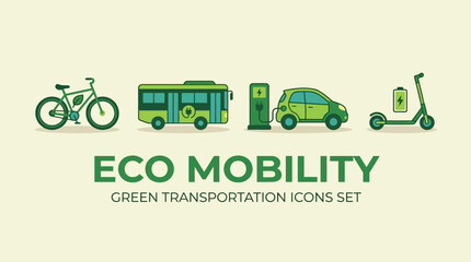 Obraz premium Bicycle, bus, electric car, and scooter icons represent modern eco mobility solutions for sustainable urban transportation systems.