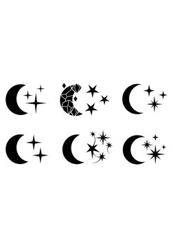Set of Minimalist Celestial Crescent Moon and Stars Icons for Tattoo Design and Graphic Projects