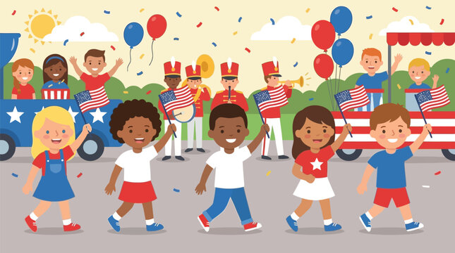 Children walk in a patriotic parade while waving small American flags during a festive celebration.