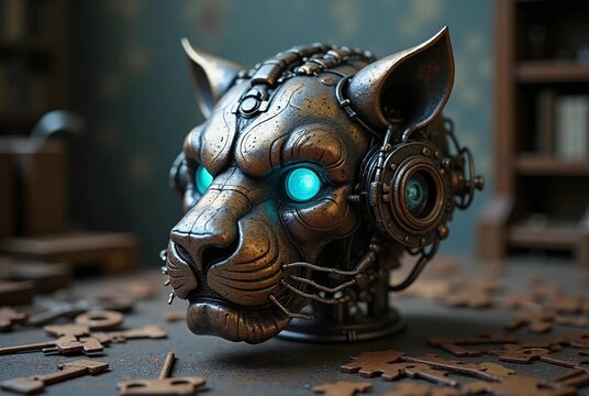 Steampunk Cyberpunk Mechanical Cat Head Statue with Glowing Blue Eyes