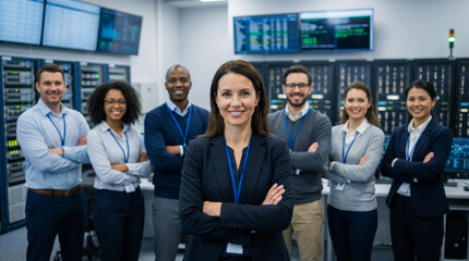 Obraz premium Female telecommunications engineer with network operations team, IT specialists, telecom technicians, technical support staff, digital infrastructure, communication technology, operations center