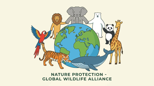Wildlife alliance illustration depicts various animals standing together around a central globe to represent global conservation efforts.