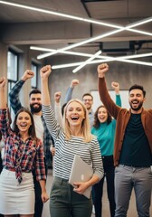Fototapeta premium Successful Diverse Business Team Cheering and Celebrating Achievement in Modern Office Workspace