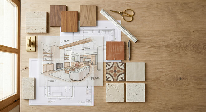 Interior design materials and sketches are laid out on a wooden surface, including wood samples, tiles, blueprints, and a brass door handle. 