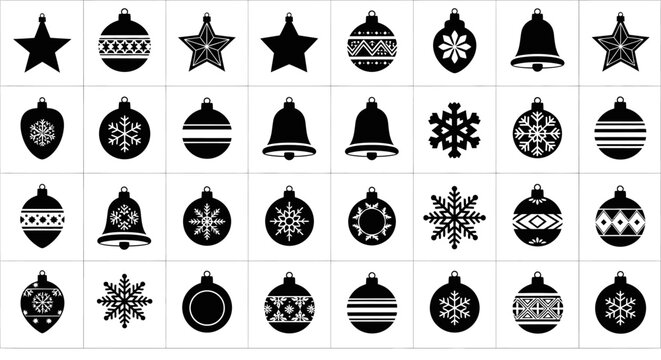 Black and white christmas icons set including stars bells snowflakes and ornaments on white background