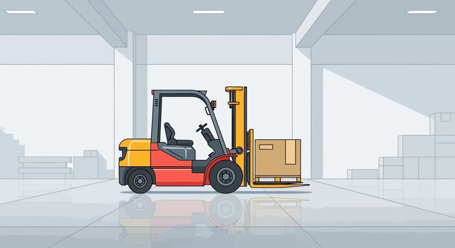 Forklift Truck Moving Box in Warehouse Interior, Logistics and Delivery Concept