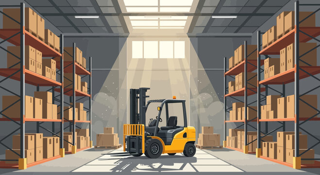 Forklift in a large warehouse filled with stacked boxes and shelves, illuminated by sunlight beams.