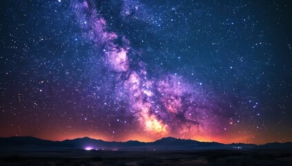 Obraz premium Brilliant Milky Way galaxy across a dark, star-filled night sky above distant hills