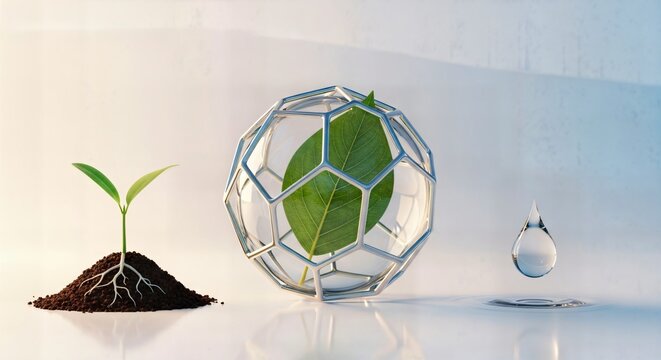 Young plant sprout growing from soil with roots near geometric sphere protecting leaf and water droplet