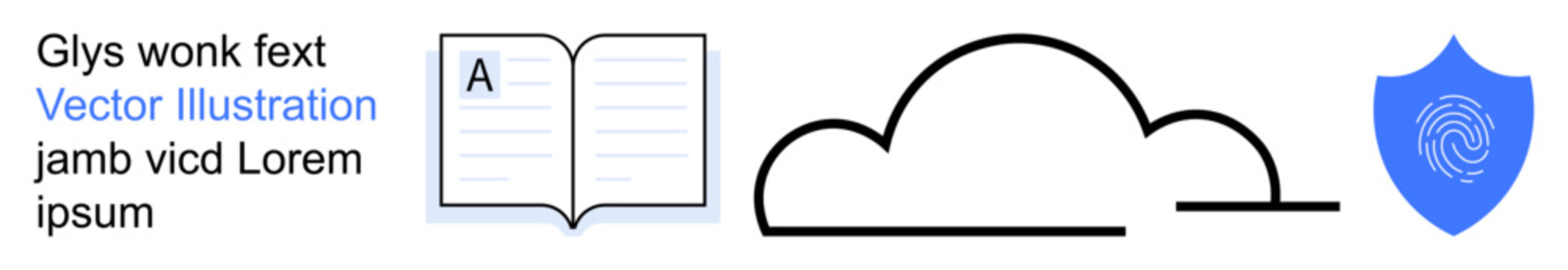 Digital security, cybersecurity, education, data storage, online learning, digital literacy. Open book, cloud icon blue shield with fingerprint. Cybersecurity and digital literacy concept