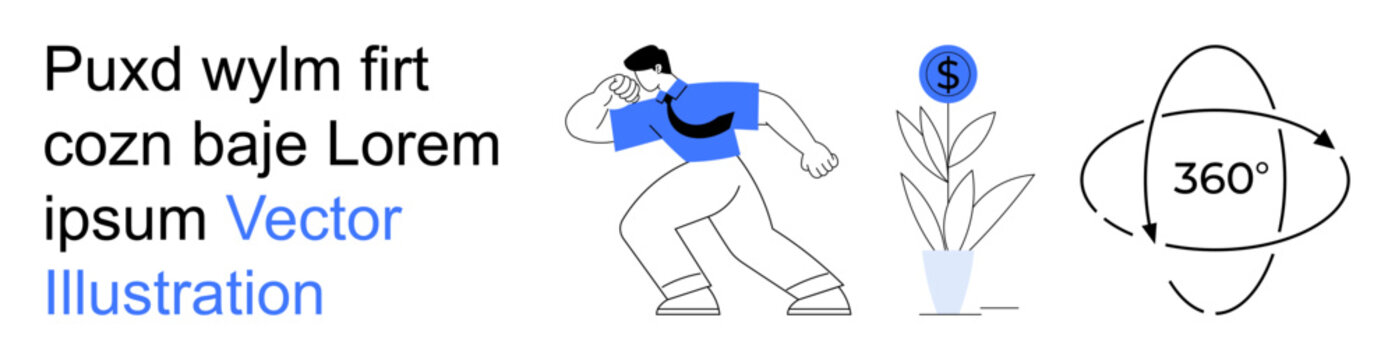 Business growth, economics, financial success, digital design, marketing strategies, global reach. Cartoon character running, money plant 360-degree design. Business growth and economics