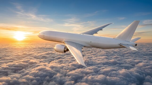 Large transport aircraft soaring majestically above a vibrant cloudscape during a stunning sunset