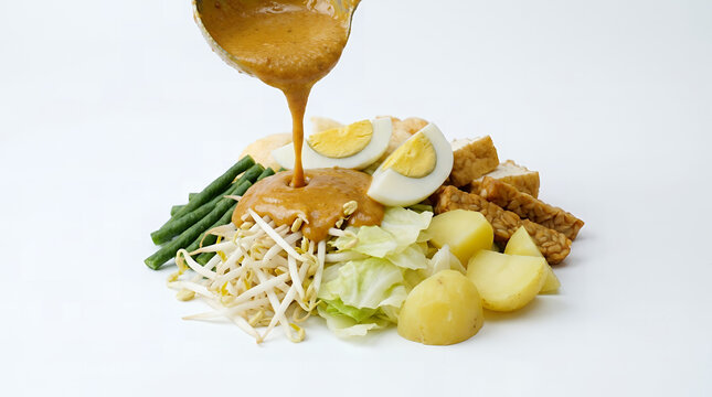 Pouring peanut sauce over a fresh indonesian gado gado salad