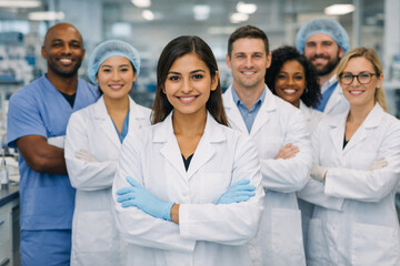 Fototapeta premium Female biotechnology scientist with laboratory research team, microbiologists, lab technicians, scientific researchers pharmaceutical innovation medical science biotech industry modern laboratory 