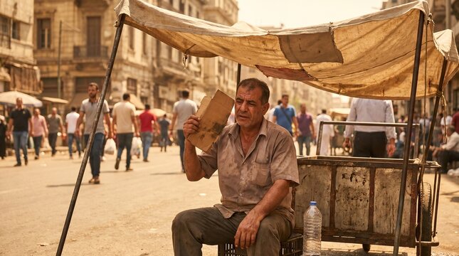 Middle aged street vendor sitting under makeshift canopy selling food or goods in busy urban