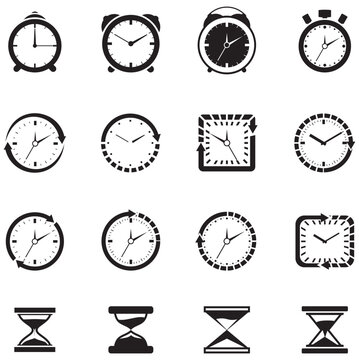 Set of vector clock icons with hour and minute watch designs