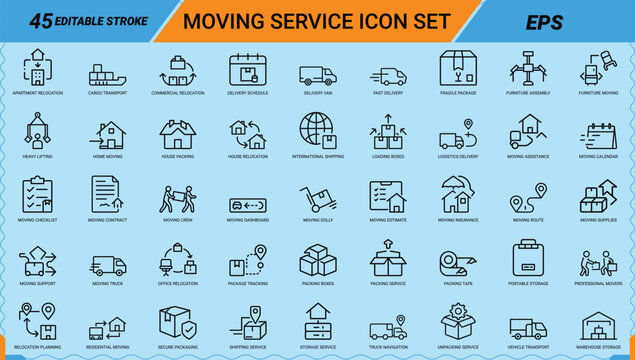 Moving service line art icons set, House relocation, Delivery van, Packing boxes, Moving truck, Furniture moving, International shipping, Package tracking, Professional movers, Warehouse storage, Web 