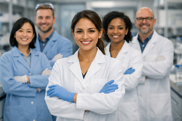 Fototapeta premium Female biotechnology scientist with laboratory research team, microbiologists, lab technicians, scientific researchers pharmaceutical innovation medical science biotech industry modern laboratory 