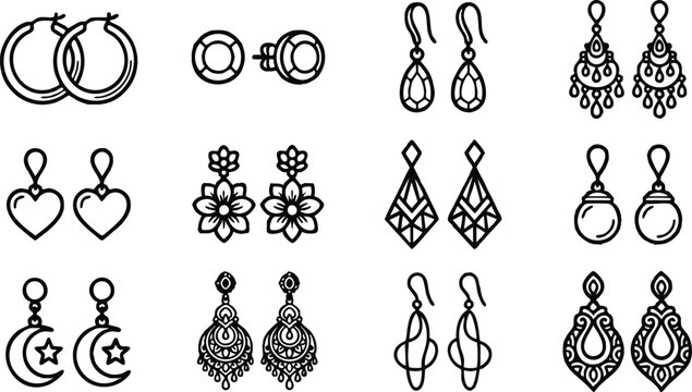 Elegant Earring Vector Icon Set in Bold Black Line Art