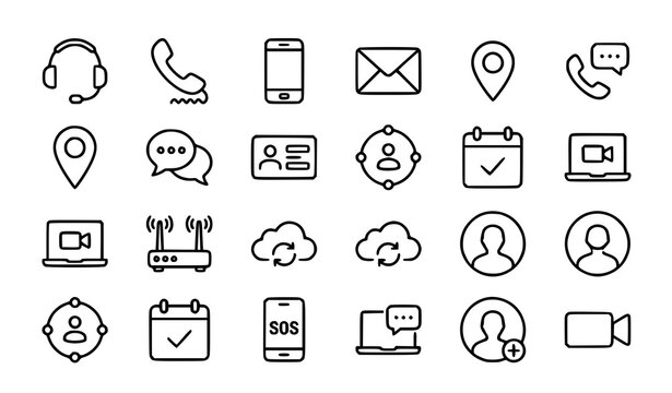 Modern Flat Contact Details Icon Collection with Communication Symbols for Website and Mobile UI Design