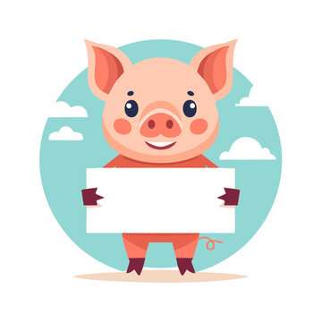 Cute cartoon pig holding a blank sign