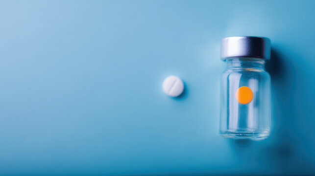 Pharmaceutical research and development showcased with a single white pill and a sterile medical vial on a clean blue background, representing modern healthcare solutions