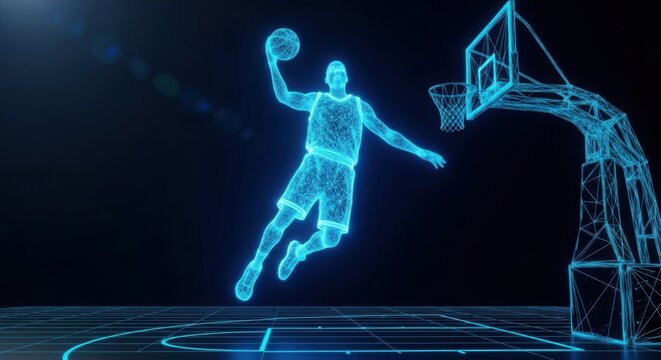 Neon wireframe basketball player dunking on a dark court illustration