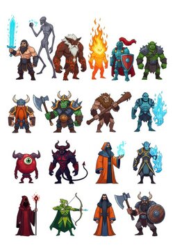 Collection of Fantasy RPG Game Characters and Monsters Set Including Warriors, Mages, Orcs, and Dwarves on White Background