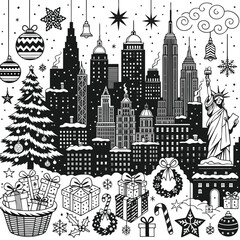 New York City, Christmas decorations, black and white, vector illustration, holiday icons © MD SABBIR  HOSSAIN