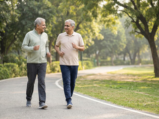 Fototapeta premium retired indian men jogging together in park for active aging senior fitness retirement wellness and insurance concept