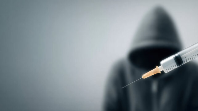 A stark depiction of drug addiction's grip, with a syringe symbolizing the perilous path of substance abuse and a looming social crisis