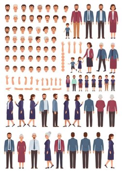 Flat Vector Character Creation Kit with Diverse People, Faces, Poses, and Hand Gestures for Animation and Design