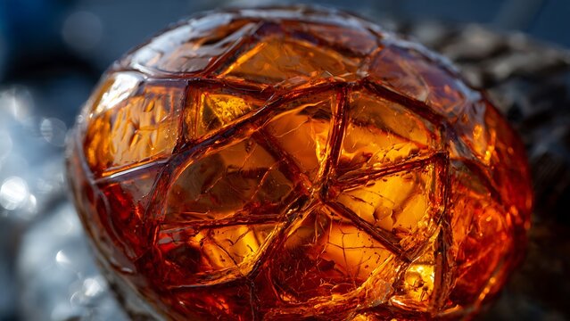 Macro close up of cracked bicycle reflector with glowing orange details and fractured texture