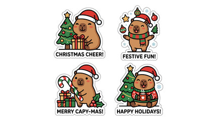 Fototapeta premium Holiday stickers feature capybaras in Santa hats with festive decorations and Christmas trees